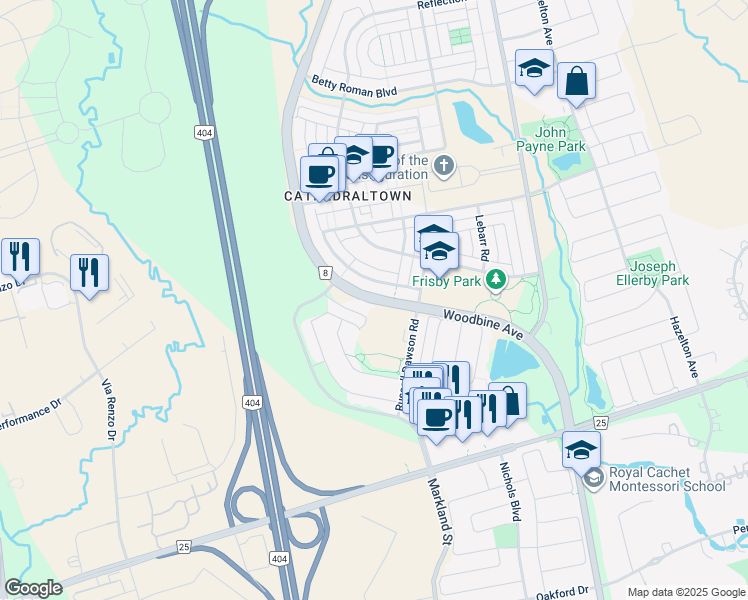 map of restaurants, bars, coffee shops, grocery stores, and more near 9255 Woodbine Avenue Bypass in Gormley
