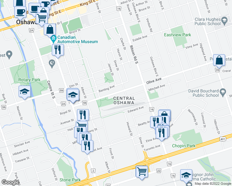 map of restaurants, bars, coffee shops, grocery stores, and more near 165 Olive Avenue in Oshawa