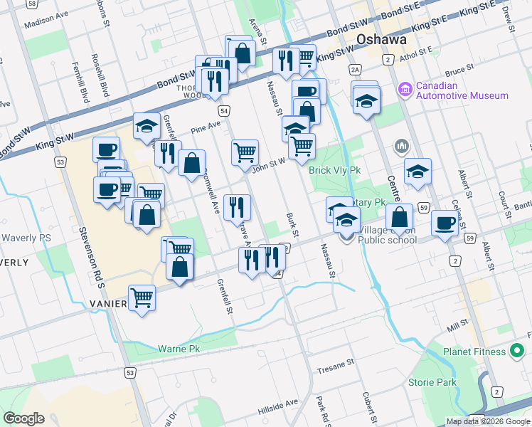 map of restaurants, bars, coffee shops, grocery stores, and more near in Oshawa