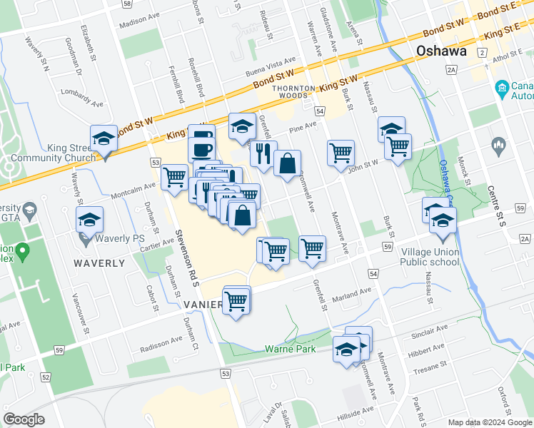 map of restaurants, bars, coffee shops, grocery stores, and more near in Oshawa