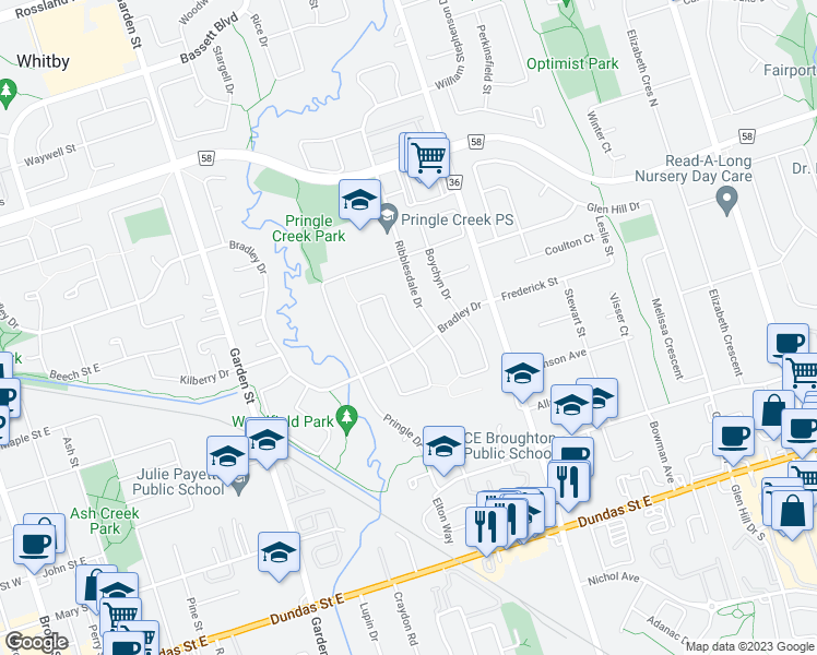 map of restaurants, bars, coffee shops, grocery stores, and more near 62 Calder Crescent in Whitby