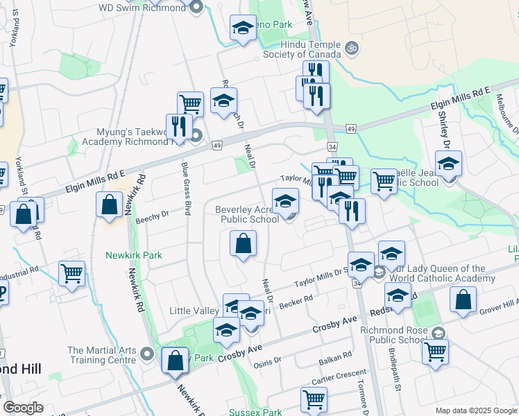 map of restaurants, bars, coffee shops, grocery stores, and more near 360 Kerswell Drive in Richmond Hill