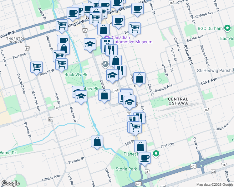 map of restaurants, bars, coffee shops, grocery stores, and more near 11 Gibb Street in Oshawa