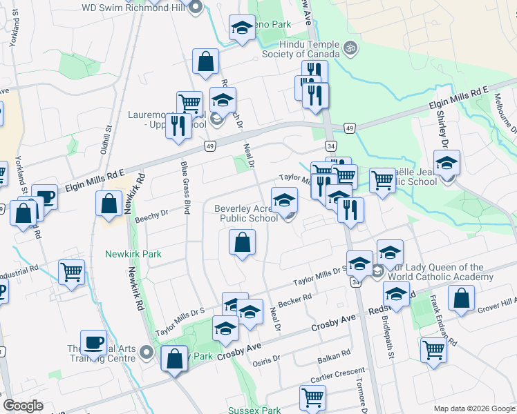 map of restaurants, bars, coffee shops, grocery stores, and more near in Richmond Hill