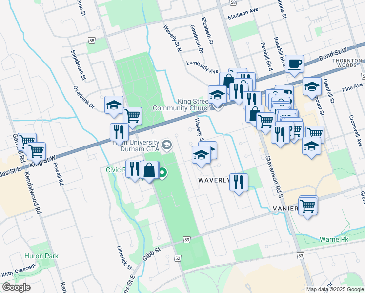 map of restaurants, bars, coffee shops, grocery stores, and more near 57 Vancouver Court in Oshawa