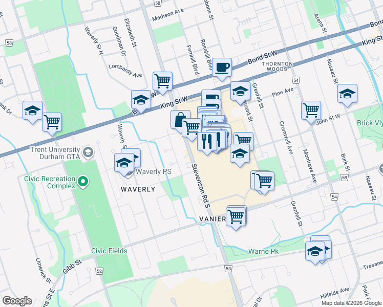 map of restaurants, bars, coffee shops, grocery stores, and more near 2011 Stevenson Road South in Oshawa