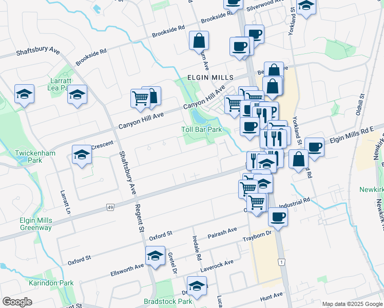 map of restaurants, bars, coffee shops, grocery stores, and more near in Richmond Hill