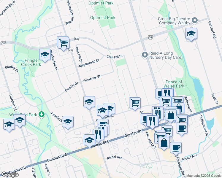 map of restaurants, bars, coffee shops, grocery stores, and more near 7 Hiscox Court in Whitby