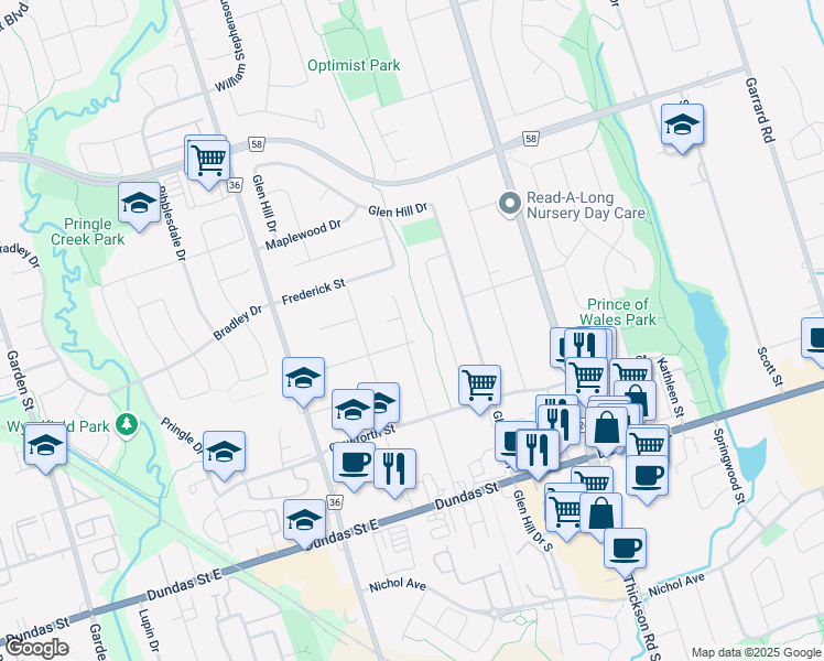 map of restaurants, bars, coffee shops, grocery stores, and more near 3 Visser Court in Whitby
