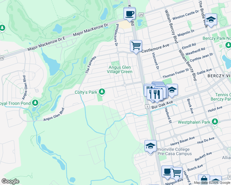 map of restaurants, bars, coffee shops, grocery stores, and more near 12 Saddleworth Road in Markham