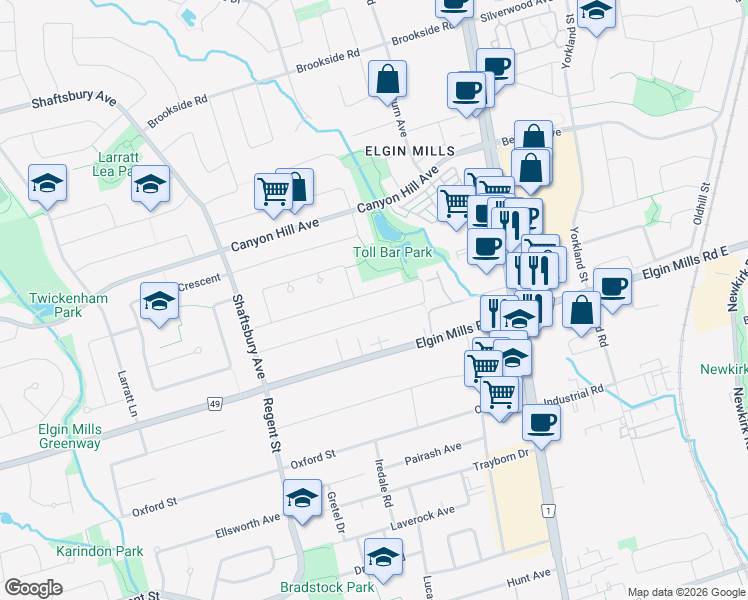 map of restaurants, bars, coffee shops, grocery stores, and more near 117 Cooperage Crescent in Richmond Hill