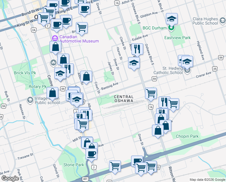 map of restaurants, bars, coffee shops, grocery stores, and more near 156 Olive Avenue in Oshawa