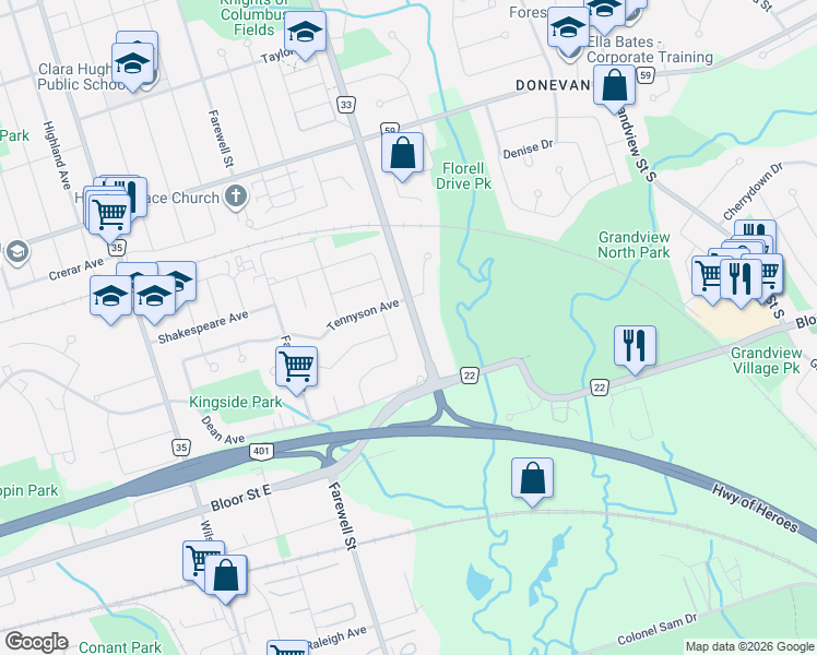 map of restaurants, bars, coffee shops, grocery stores, and more near in Oshawa