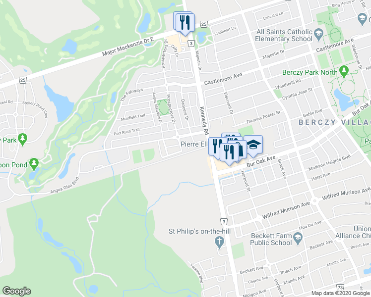 map of restaurants, bars, coffee shops, grocery stores, and more near 99 Prospectors Drive in Markham