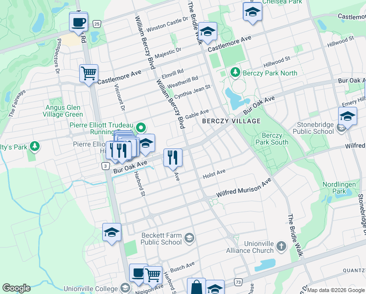 map of restaurants, bars, coffee shops, grocery stores, and more near 166 Bur Oak Avenue in Markham