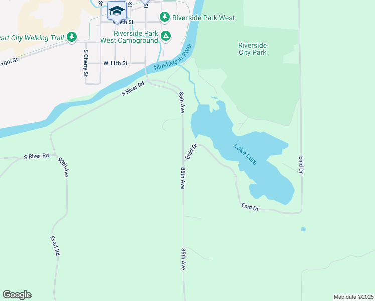 map of restaurants, bars, coffee shops, grocery stores, and more near 8275 Enid Drive in Evart