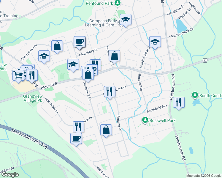 map of restaurants, bars, coffee shops, grocery stores, and more near 24 Cameron Ferguson Street in Clarington