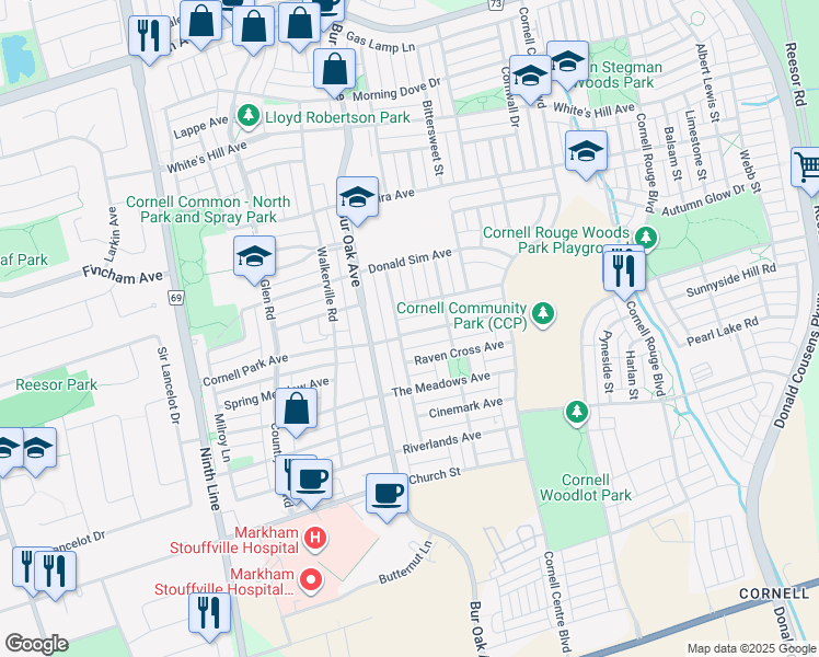 map of restaurants, bars, coffee shops, grocery stores, and more near 212 Cornell Park Avenue in Markham