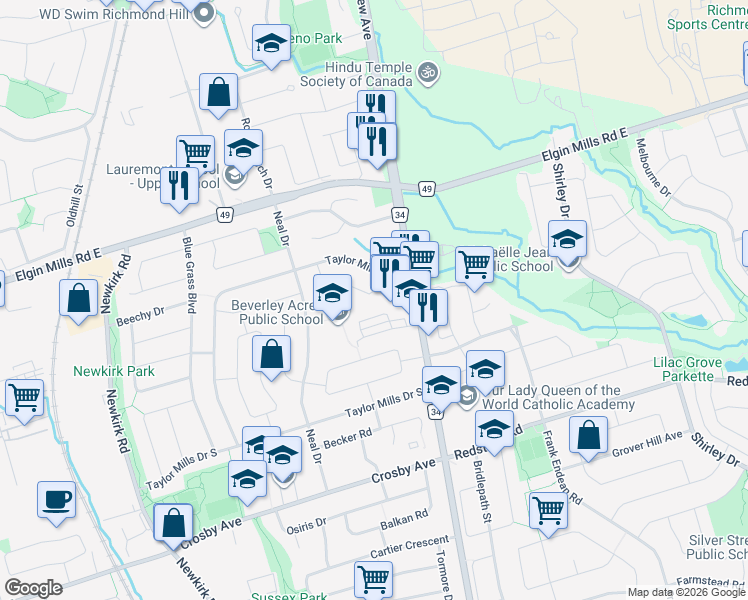 map of restaurants, bars, coffee shops, grocery stores, and more near 434 Marybay Crescent in Richmond Hill