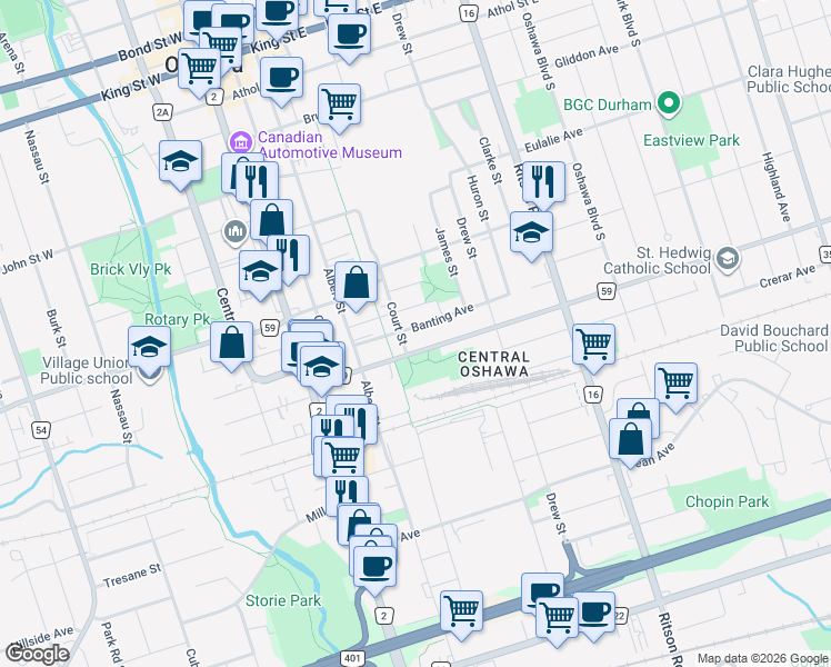 map of restaurants, bars, coffee shops, grocery stores, and more near 115 Banting Avenue in Oshawa