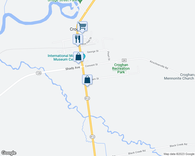 map of restaurants, bars, coffee shops, grocery stores, and more near 6919 William Street in Croghan