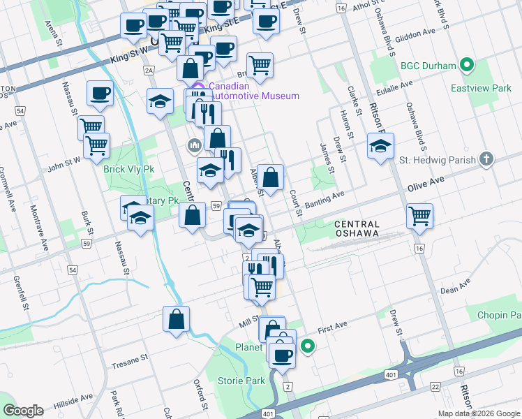 map of restaurants, bars, coffee shops, grocery stores, and more near in Oshawa