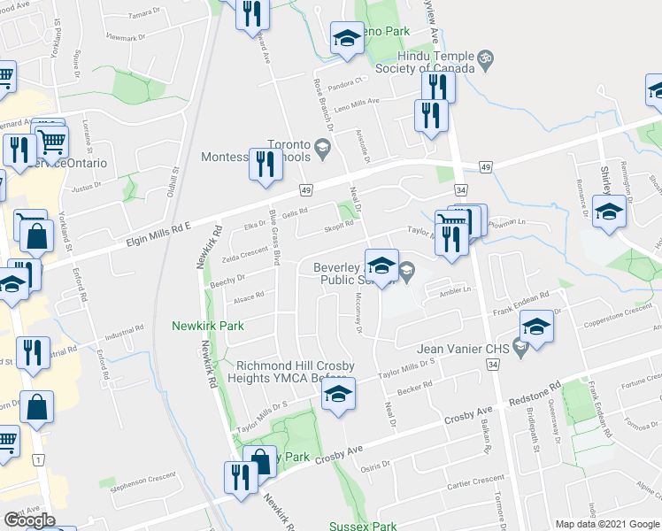 map of restaurants, bars, coffee shops, grocery stores, and more near in Richmond Hill