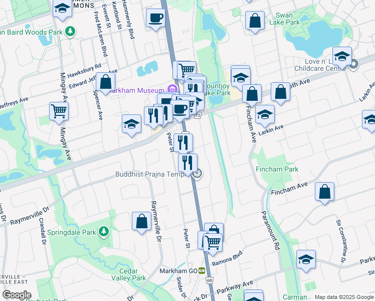 map of restaurants, bars, coffee shops, grocery stores, and more near 236 Main Street in Markham