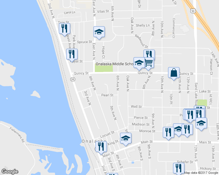 map of restaurants, bars, coffee shops, grocery stores, and more near 510 Bluebird Court in Onalaska