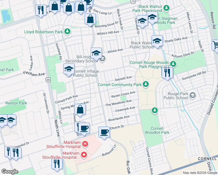 map of restaurants, bars, coffee shops, grocery stores, and more near 208 Cornell Park Avenue in Markham