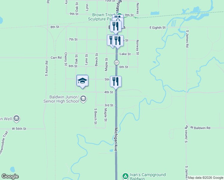 map of restaurants, bars, coffee shops, grocery stores, and more near 740 4th Street in Baldwin