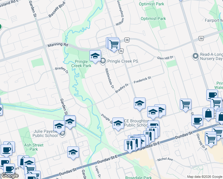 map of restaurants, bars, coffee shops, grocery stores, and more near 62 Calder Crescent in Whitby