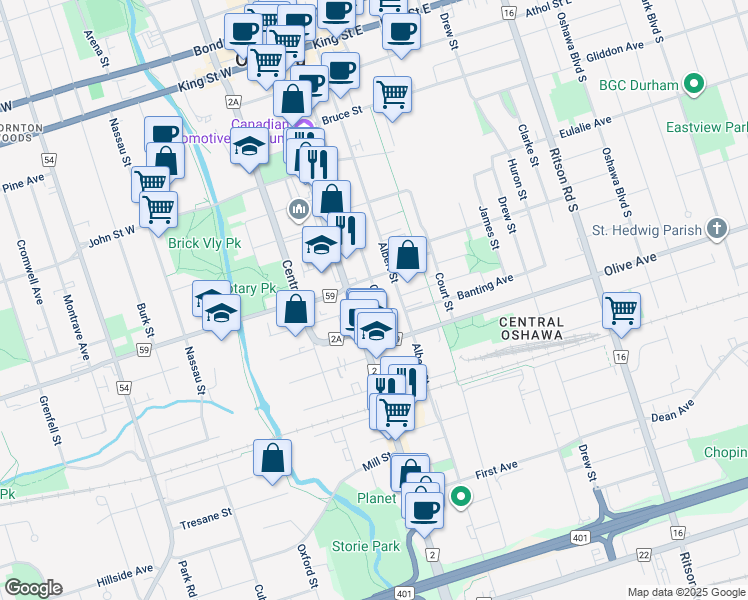 map of restaurants, bars, coffee shops, grocery stores, and more near 304 Simcoe Street South in Oshawa