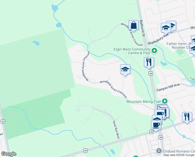 map of restaurants, bars, coffee shops, grocery stores, and more near 305 Woodland Acres Crescent in Vaughan