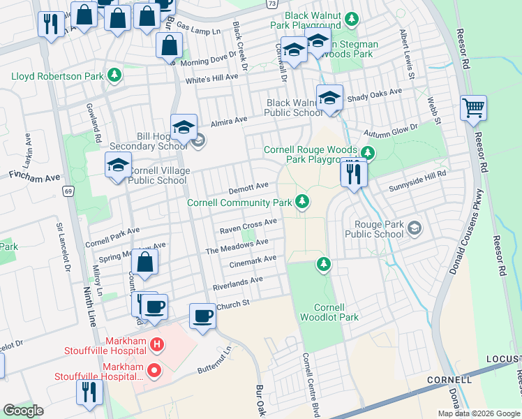map of restaurants, bars, coffee shops, grocery stores, and more near 251 Cornell Park Avenue in Markham