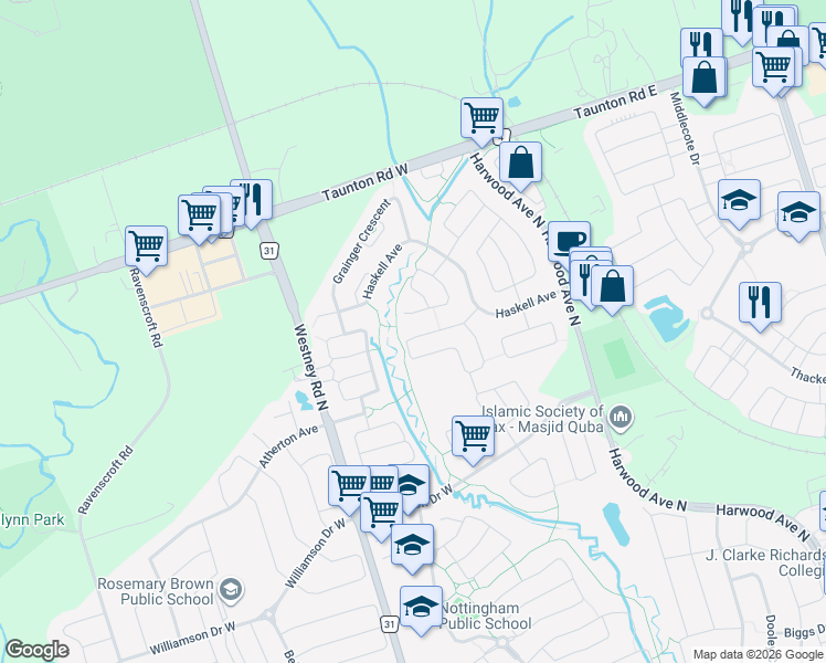 map of restaurants, bars, coffee shops, grocery stores, and more near 24 Weston Crescent in Ajax
