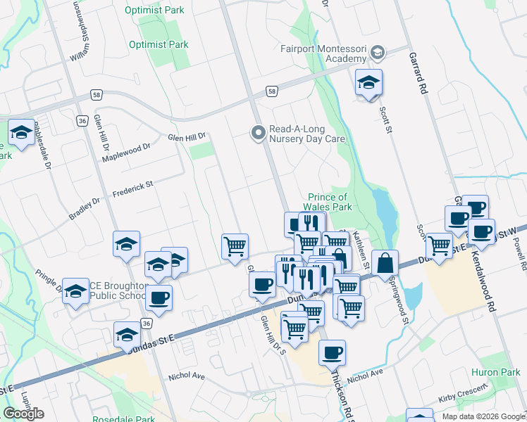 map of restaurants, bars, coffee shops, grocery stores, and more near 59 Elizabeth Crescent South in Whitby