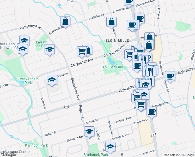 map of restaurants, bars, coffee shops, grocery stores, and more near 134 Cooperage Crescent in Richmond Hill