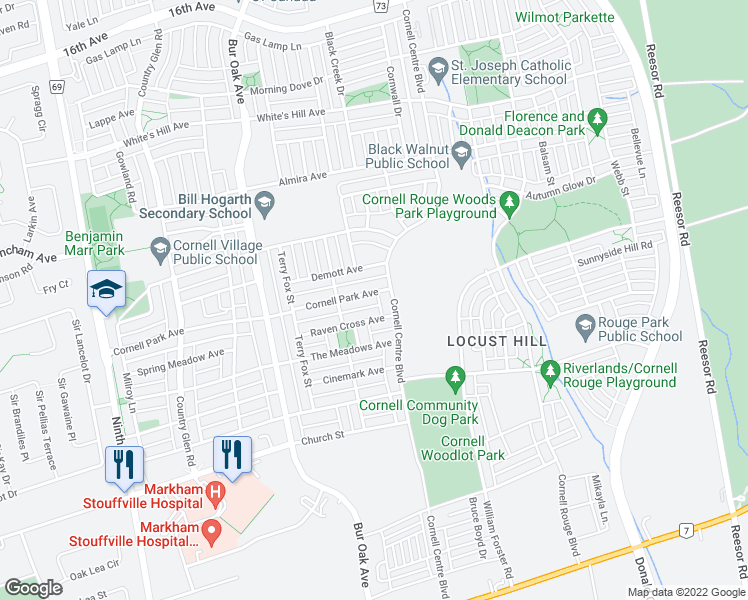 map of restaurants, bars, coffee shops, grocery stores, and more near 257 Cornell Centre Boulevard in Markham