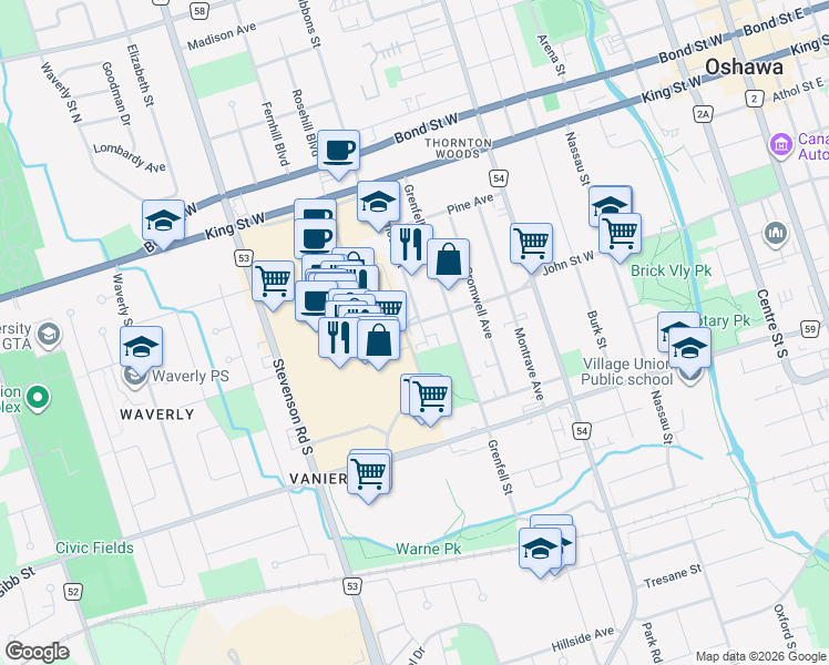 map of restaurants, bars, coffee shops, grocery stores, and more near 399 Elmgrove Avenue in Oshawa