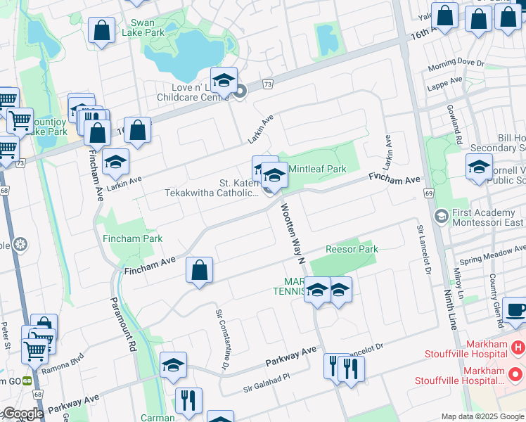map of restaurants, bars, coffee shops, grocery stores, and more near Fincham Avenue in Markham