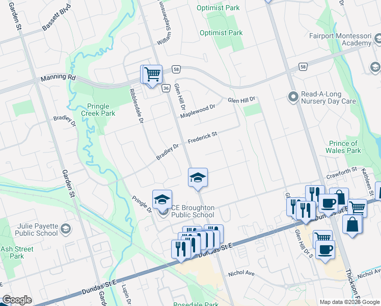 map of restaurants, bars, coffee shops, grocery stores, and more near 603 Anderson Street in Whitby
