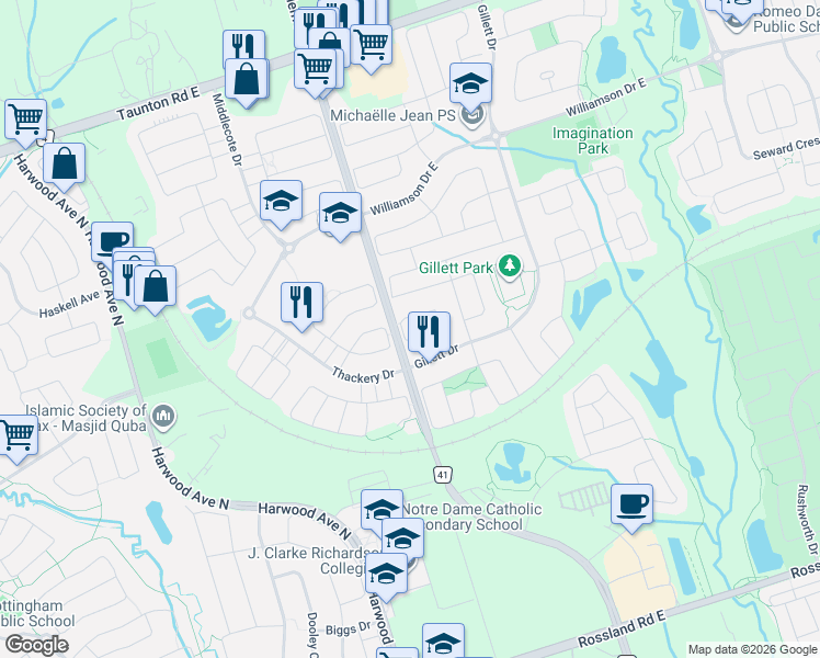 map of restaurants, bars, coffee shops, grocery stores, and more near 44 Keith-Wright Crescent in Ajax