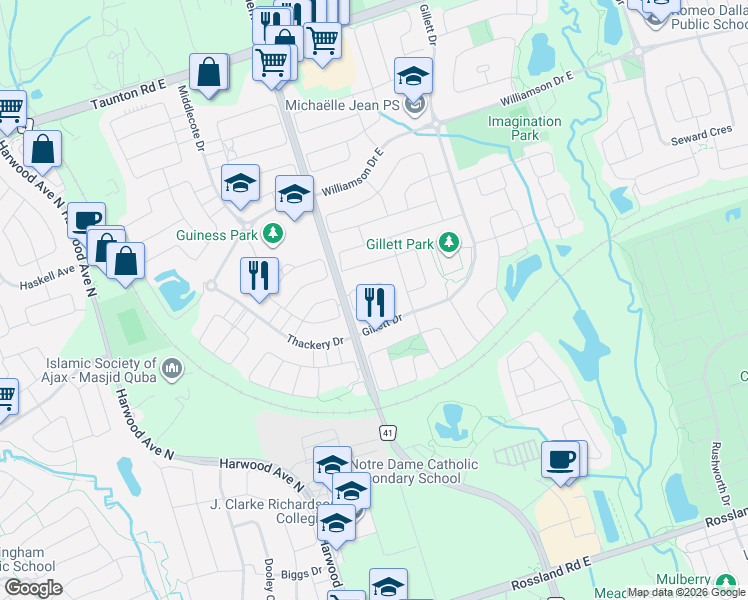 map of restaurants, bars, coffee shops, grocery stores, and more near 50 Keith-Wright Crescent in Ajax