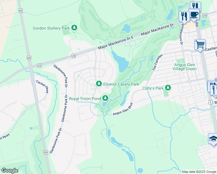 map of restaurants, bars, coffee shops, grocery stores, and more near 9 Stollery Pond Crescent in Markham