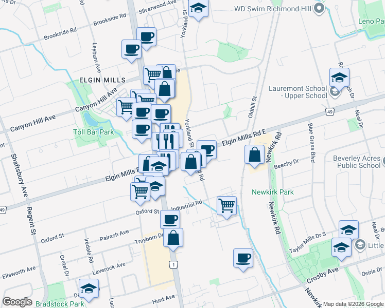 map of restaurants, bars, coffee shops, grocery stores, and more near 41 Elgin Mills Road East in Richmond Hill