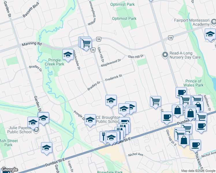 map of restaurants, bars, coffee shops, grocery stores, and more near 603 Anderson Street in Whitby