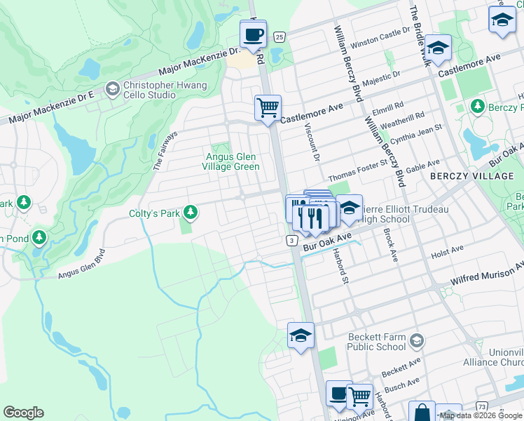 map of restaurants, bars, coffee shops, grocery stores, and more near 86 Dancers Drive in Markham