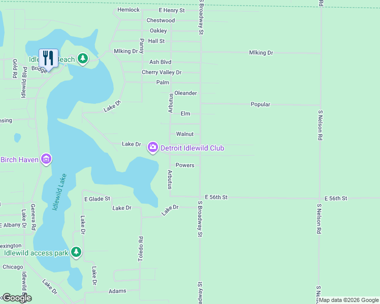 map of restaurants, bars, coffee shops, grocery stores, and more near 1435 East Powers Avenue in Idlewild