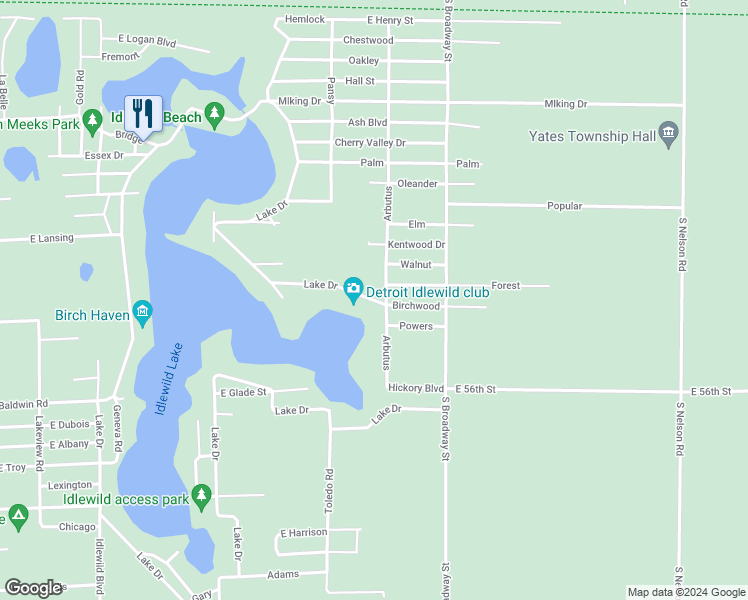 map of restaurants, bars, coffee shops, grocery stores, and more near 12850 Lake Drive in Idlewild